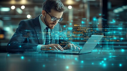 A businessman working on a laptop with digital data overlays in a modern office setting during the evening. Generative AI