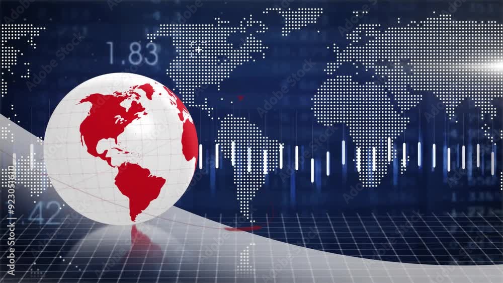 Poster rotating globe with red continents and world map animation over grid background