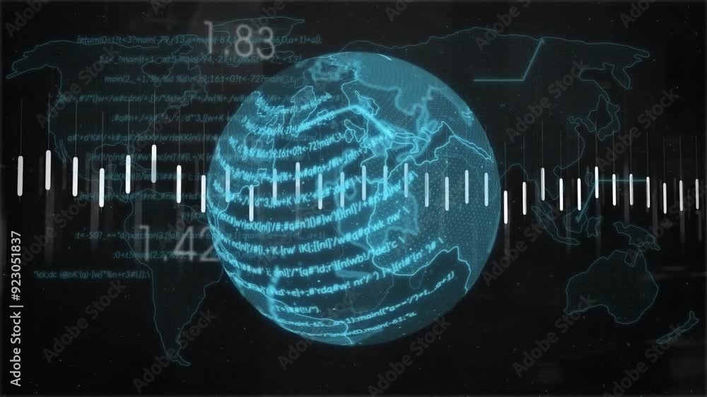 Aufkleber glowing globe with data and sound wave animation over world map background