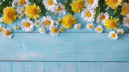 White and yellow daisy blooms on blue surface