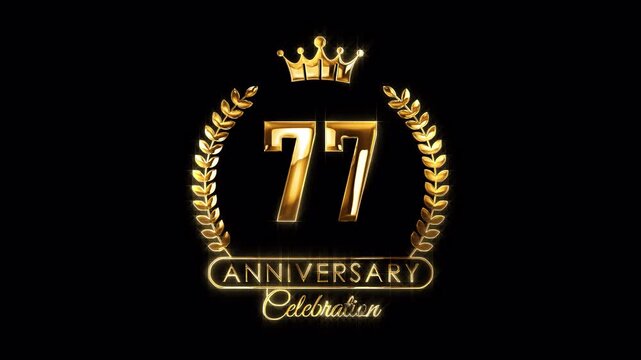 77th Anniversary Celebration. Happy 77 Years Anniversary Animation in Gold Color on the Transparent Background, Alpha Channel. Great for greetings, celebrations, events, and gifts.
