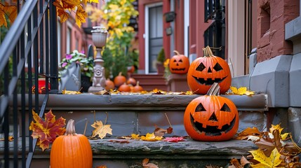 Obraz premium Decorated pumpkins on front steps of homes for halloween