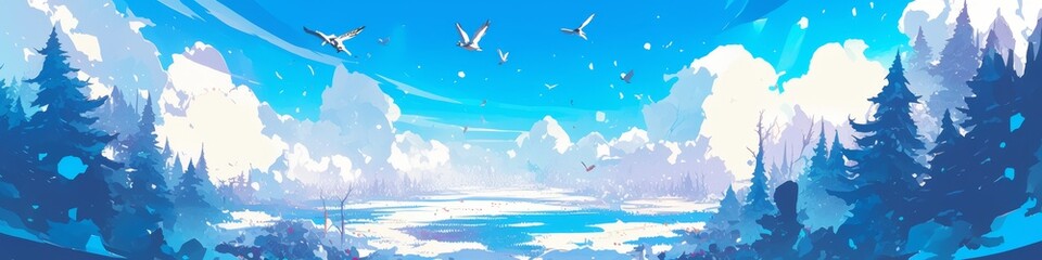 Enchanting Winter Wonderland: Anime-Style Dreamy Snow Scene with Hibernating Bats. Top-View 4K Illustration for 2025 Spring Festival and Christmas. Whimsical Forest Landscape for Creative Marketing, G