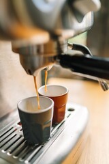 Close-up of an espresso machine brewing two cups of coffee in a cozy kitchen setting