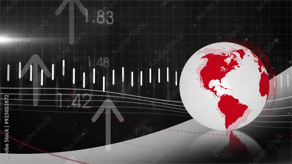 Poster rising financial data animation over globe with red continents and grid background
