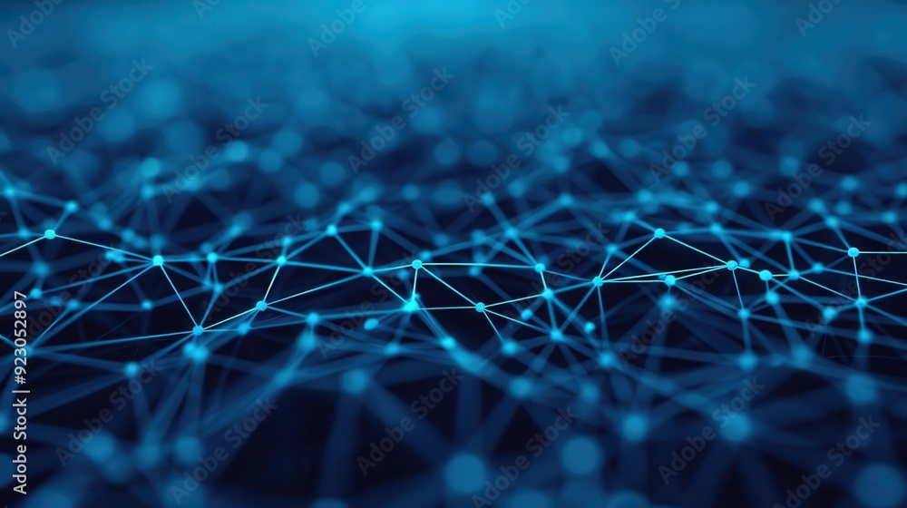 Poster abstract blue network structure with interconnected lines and dots, representing digital communicati
