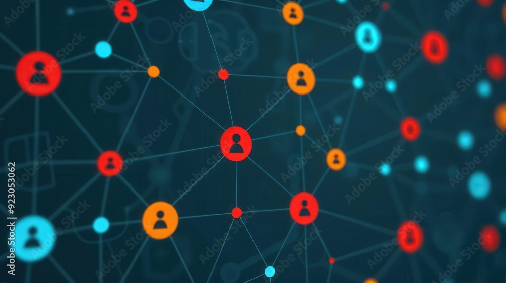 Poster abstract network representation with connected nodes, illustrating relationships and interactions in