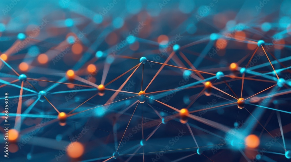 Poster abstract network representation with vibrant nodes and connections illustrating technology and data 