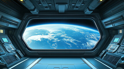 A spaceship interior with blue earth view through window