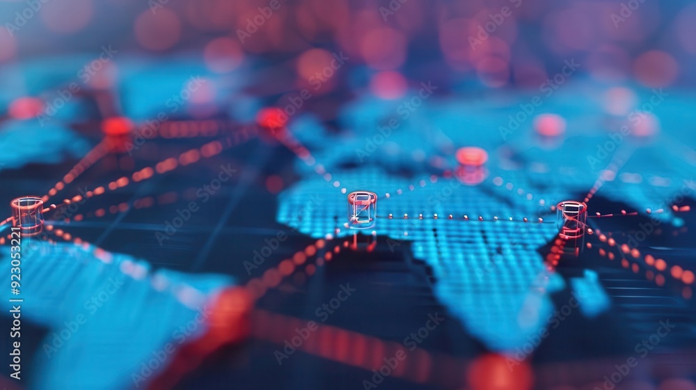 Poster a detailed digital world map showcasing global connectivity with vibrant blue and red nodes and line