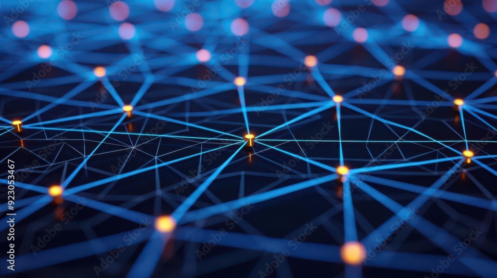Poster a stunning abstract image featuring a network of interconnected lines and glowing nodes on a dark ba