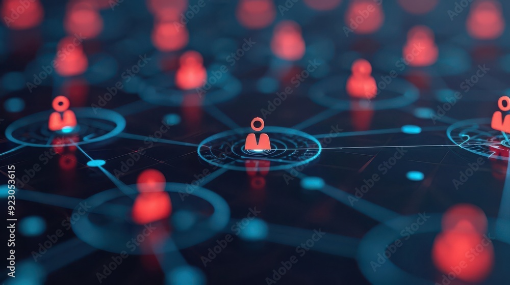 Poster conceptual digital network with interconnected users represented by red icons, illustrating online c