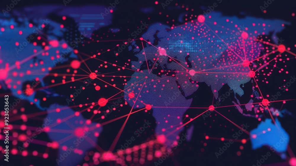 Poster futuristic digital map with vibrant nodes and connections, showcasing global networking and technolo