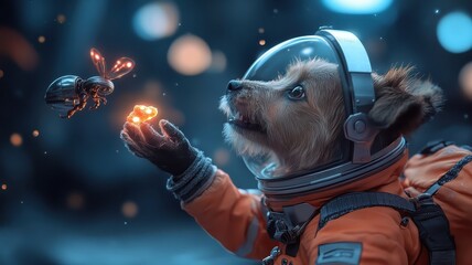 An amazed dog reaching out to a friendly extraterrestrial offering a glowing treat.