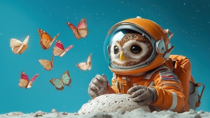 Fototapeta premium An astonished owl perched on a moon rock, staring at playful space butterflies.