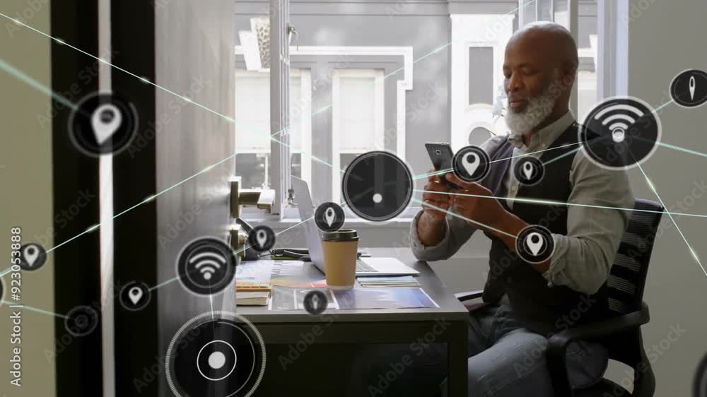 Poster using smartphone at desk, man surrounded by network connectivity animation
