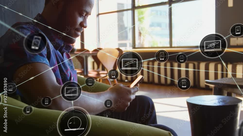 Poster using smartphone, man surrounded by network of connected devices animation