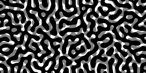 Abstract Turing organic wallpaper with background. Turing reaction diffusion monochrome seamless pattern with chaotic motion. Natural seamless line pattern. Linear design with biological shapes.