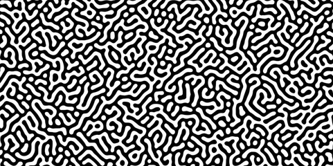 Fototapeta premium Abstract Turing organic wallpaper with background. Turing reaction diffusion monochrome seamless pattern with chaotic motion. Natural seamless line pattern. Linear design with biological shapes.