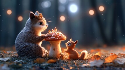 Woodland creatures gathered around glowing mushroom circle in moonlit clearing.