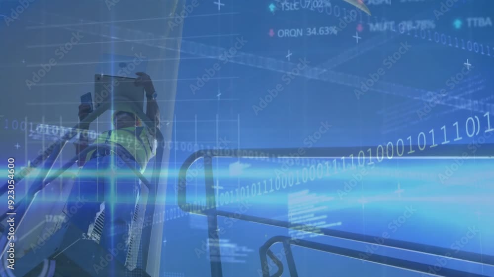 Poster binary code and stock market data animation over construction worker on scaffolding