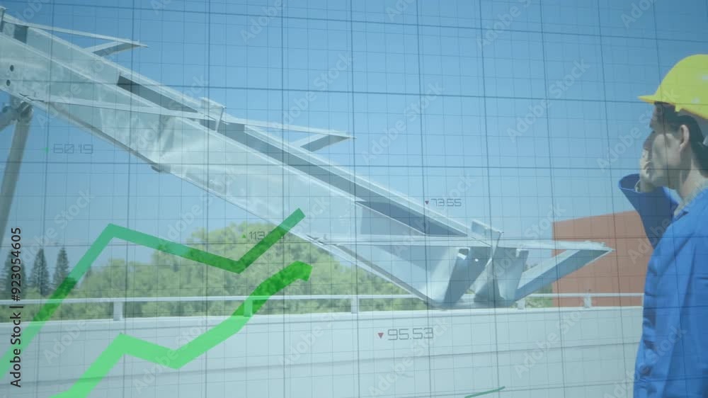Poster installing solar panel, engineer with financial growth chart animation over grid background