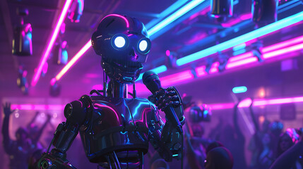 ステージで歌うAIロボット：サイバーパンクなライブパフォーマンス