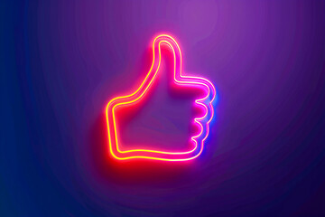 Neon thumbs up sign on a purple background, symbolizing approval and positivity.