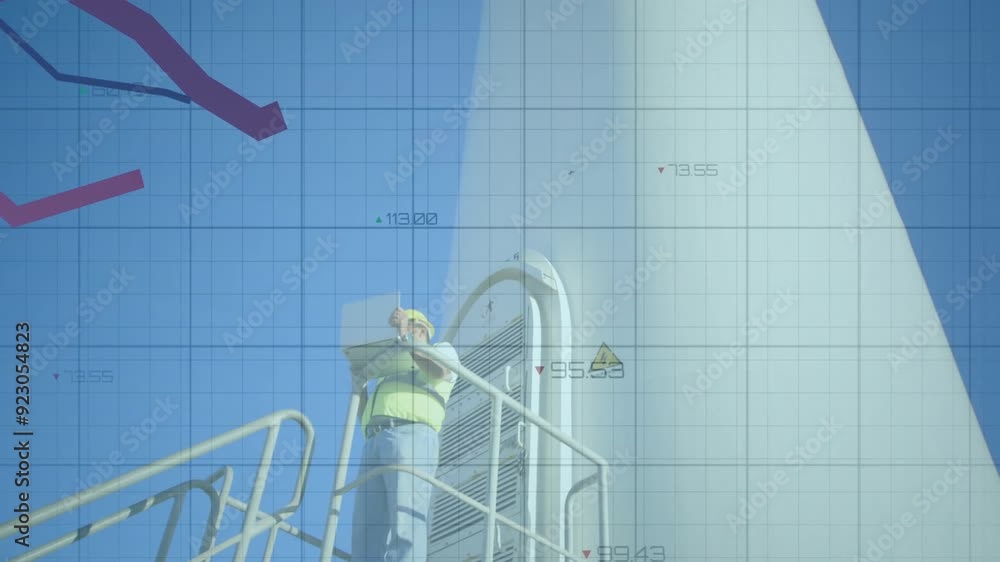 Poster engineer on platform with wind turbine, data analysis animation over blue grid