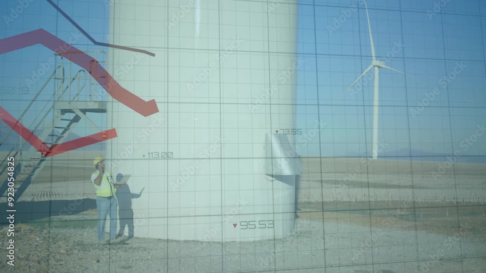 Poster wind turbine inspection with data analysis animation over grid background
