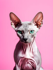 araffe cat with blue eyes sitting on a pink surface