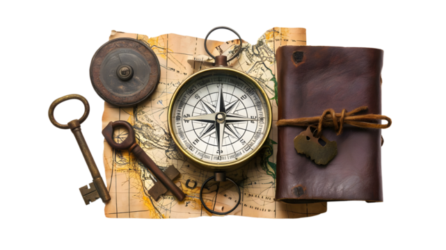 Set of Historic Items: Antique Compass, Map, Rusty Keys, Leather Book on Isolated Surface