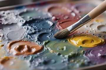 "Detailed close-up of a painter's palette, focusing on the texture of mixed oil paints and the brush strokes."