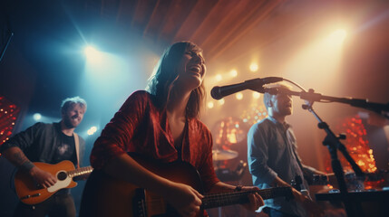 Obraz premium Low Angle Shot of Acoustic Band Playing on Stage