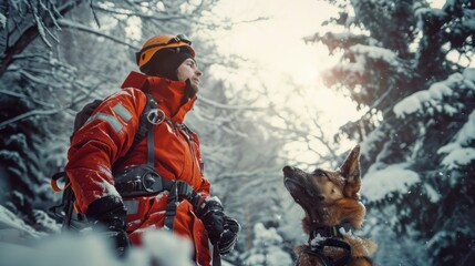 Rescuer and Dog in a Snowy Forest