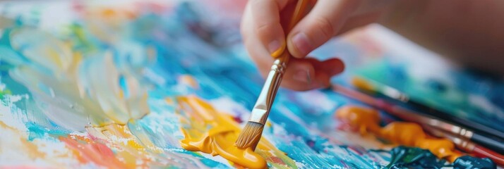 Child's hand creating a painting with gouache, close-up shot with selective focus on the brush.