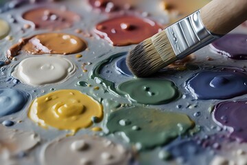 "Detailed close-up of a painter's palette, focusing on the texture of mixed oil paints and the brush strokes."