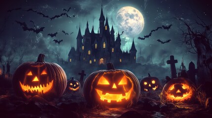Halloween, pumpkins and dark castle with full moon