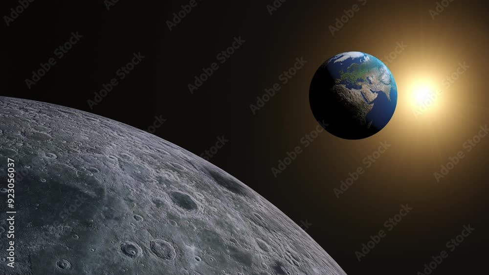 Poster planet earth view from moon, 3d animation of moon spinning with the view of earth