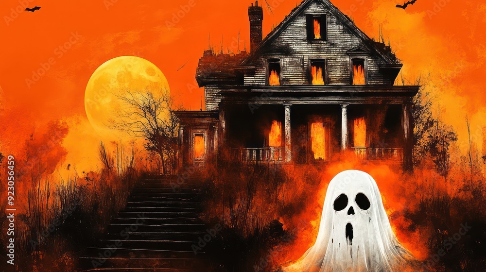 Wall mural haunted house, ghost, orange background