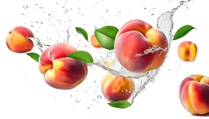 Falling fresh peach isolated on white background