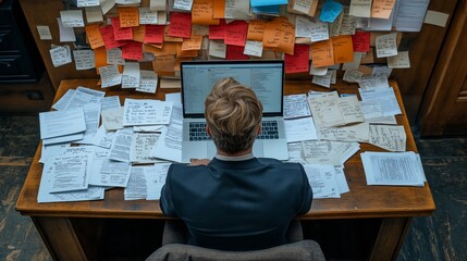 A workaholic man sits at a cluttered desk and works on a laptop. The desk is littered with papers scattered everywhere