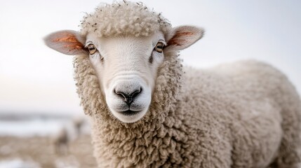 Close-up portrait of a fluffy white sheep with a neutral expression, suitable for animal photography, farming, and nature-related content.