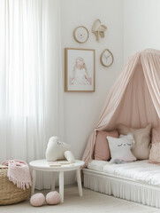  a child's room with a kids table, chair, white poster on the wall in pink color. Modern realistic interior of an empty playroom toy