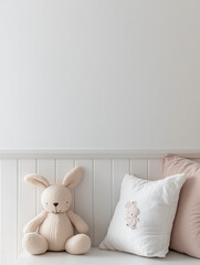  a child's room with a kids table, chair, white poster on the wall in pink color. Modern realistic interior of an empty playroom toy