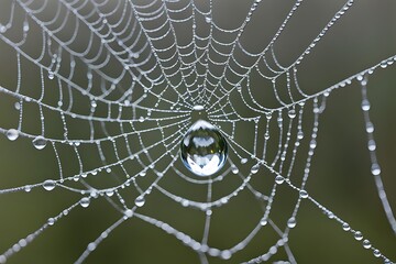 "Close-up of a water droplet on a spider web, with the droplet reflecting the surrounding environment, in ultra-high resolution."