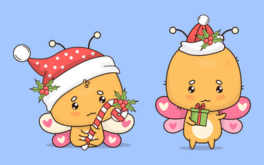 Cute Christmas butterfly in Santa hat with gift and striped candy with holly. Isolated funny festive cartoon insect kawaii character. Vector illustration. Kids collection