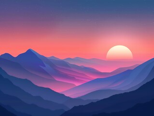 Fototapeta premium Mountainous horizon, vibrant colors, dusk setting, flat design illustration