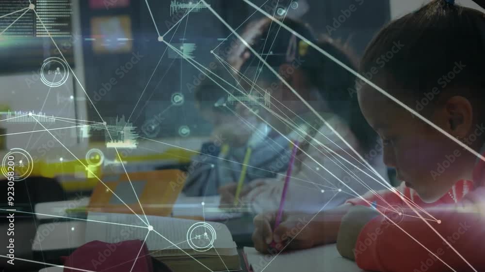 Poster studying in classroom, students with network connections and data processing animation
