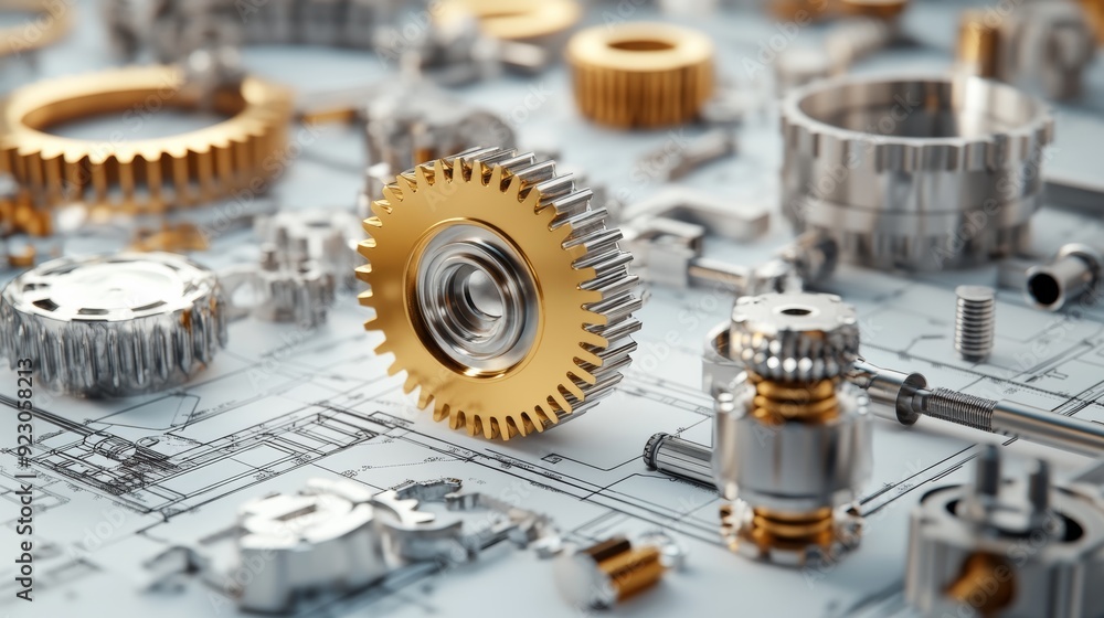 Poster close-up of mechanical gears and blueprints, concept of engineering design in product development. t